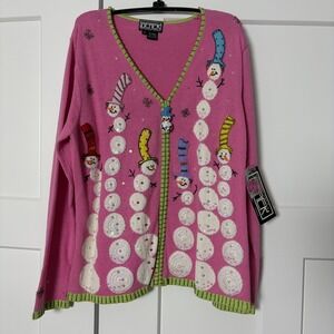 New Vtg Berek 2 Pink Christmas Sweater Cardigan Snowman Beaded Embroidered Sz XL